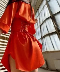 Trendy & Unique What's New Glossy Satin Belted Button Down Shirt Mini Dress - Burnt Orange