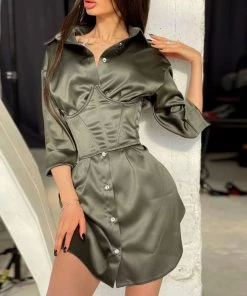 Trendy & Unique What's New Glossy Satin Belted Button Down Shirt Mini Dress - Oliver Green