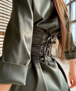 Trendy & Unique What's New Glossy Satin Belted Button Down Shirt Mini Dress - Oliver Green 7 Trendy & Unique What's New Glossy Satin Belted Button Down Shirt Mini Dress - Oliver Green