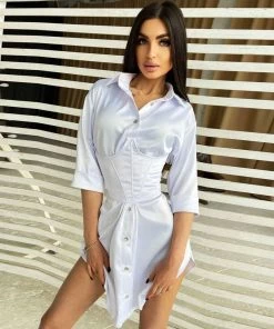 Trendy & Unique Glossy Satin Belted Button Down Shirt Mini Dress - White What's New