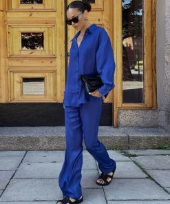 Trendy & Unique What's New Glossy Satin Blouse Wide Leg Pant Matching Set - Royal Blue