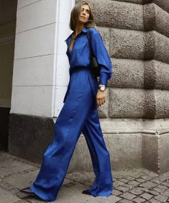 Trendy & Unique What's New Glossy Satin Blouse Wide Leg Pant Matching Set - Royal Blue