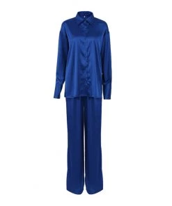 Trendy & Unique What's New Glossy Satin Blouse Wide Leg Pant Matching Set - Royal Blue
