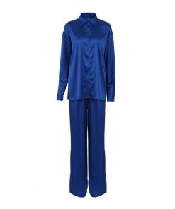 Trendy & Unique What's New Glossy Satin Blouse Wide Leg Pant Matching Set - Royal Blue