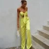 Trendy & Unique What's New Glossy Satin Bow Tie Tube Top Wide Leg Pant Matching Set - Neon Yellow