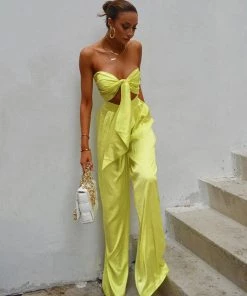 Trendy & Unique What's New Glossy Satin Bow Tie Tube Top Wide Leg Pant Matching Set - Neon Yellow
