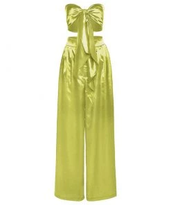 Trendy & Unique What's New Glossy Satin Bow Tie Tube Top Wide Leg Pant Matching Set - Neon Yellow