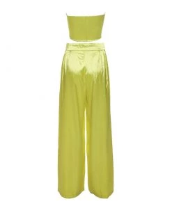 Trendy & Unique What's New Glossy Satin Bow Tie Tube Top Wide Leg Pant Matching Set - Neon Yellow