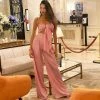 Trendy & Unique Glossy Satin Bow Tie Tube Top Wide Leg Pant Matching Set - Pink