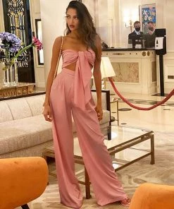 Trendy & Unique Glossy Satin Bow Tie Tube Top Wide Leg Pant Matching Set - Pink