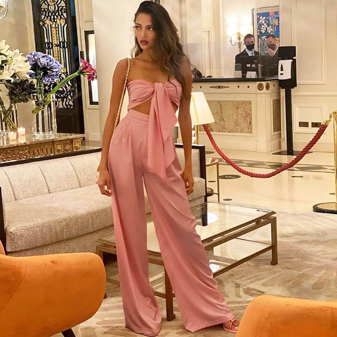 Trendy & Unique Glossy Satin Bow Tie Tube Top Wide Leg Pant Matching Set - Pink 3 Trendy & Unique Glossy Satin Bow Tie Tube Top Wide Leg Pant Matching Set - Pink