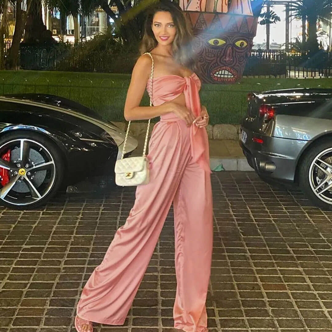 Trendy & Unique Glossy Satin Bow Tie Tube Top Wide Leg Pant Matching Set - Pink 4 Trendy & Unique Glossy Satin Bow Tie Tube Top Wide Leg Pant Matching Set - Pink