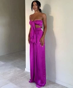 Trendy & Unique Glossy Satin Bow Tie Tube Top Wide Leg Pant Matching Set - Purple What's New