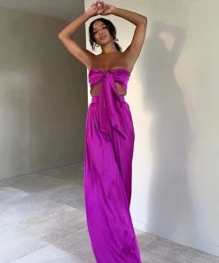 Trendy & Unique Glossy Satin Bow Tie Tube Top Wide Leg Pant Matching Set - Purple What's New