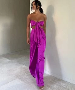 Trendy & Unique Glossy Satin Bow Tie Tube Top Wide Leg Pant Matching Set - Purple What's New