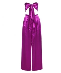Trendy & Unique Glossy Satin Bow Tie Tube Top Wide Leg Pant Matching Set - Purple What's New