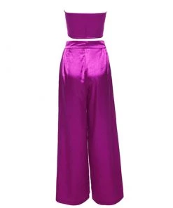 Trendy & Unique Glossy Satin Bow Tie Tube Top Wide Leg Pant Matching Set - Purple What's New