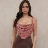 Trendy & Unique Glossy Satin Cowl Neck Ruched Crop Corset Top - Dusty Pink