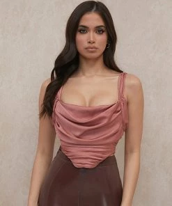 Trendy & Unique Glossy Satin Cowl Neck Ruched Crop Corset Top - Dusty Pink