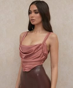 Trendy & Unique Glossy Satin Cowl Neck Ruched Crop Corset Top - Dusty Pink