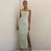 Trendy & Unique Glossy Satin Cowl Neck Strapless Slit Maxi Evening Dress - Green What's New