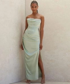 Trendy & Unique Glossy Satin Cowl Neck Strapless Slit Maxi Evening Dress - Green What's New