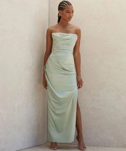 Trendy & Unique Glossy Satin Cowl Neck Strapless Slit Maxi Evening Dress - Green What's New