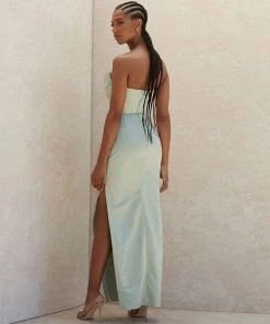 Trendy & Unique Glossy Satin Cowl Neck Strapless Slit Maxi Evening Dress - Green What's New