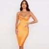 Trendy & Unique What's New Glossy Satin Cowl Neck Underwire Bustier Corset Midi Dress - Burnt Orange