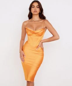 Trendy & Unique What's New Glossy Satin Cowl Neck Underwire Bustier Corset Midi Dress - Burnt Orange