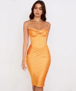 Trendy & Unique What's New Glossy Satin Cowl Neck Underwire Bustier Corset Midi Dress - Burnt Orange