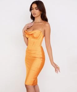 Trendy & Unique What's New Glossy Satin Cowl Neck Underwire Bustier Corset Midi Dress - Burnt Orange