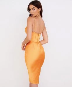 Trendy & Unique What's New Glossy Satin Cowl Neck Underwire Bustier Corset Midi Dress - Burnt Orange