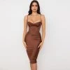 Trendy & Unique Glossy Satin Cowl Neck Underwire Bustier Corset Midi Dress - Chocolate What's New