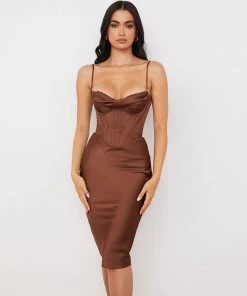 Trendy & Unique Glossy Satin Cowl Neck Underwire Bustier Corset Midi Dress - Chocolate What's New