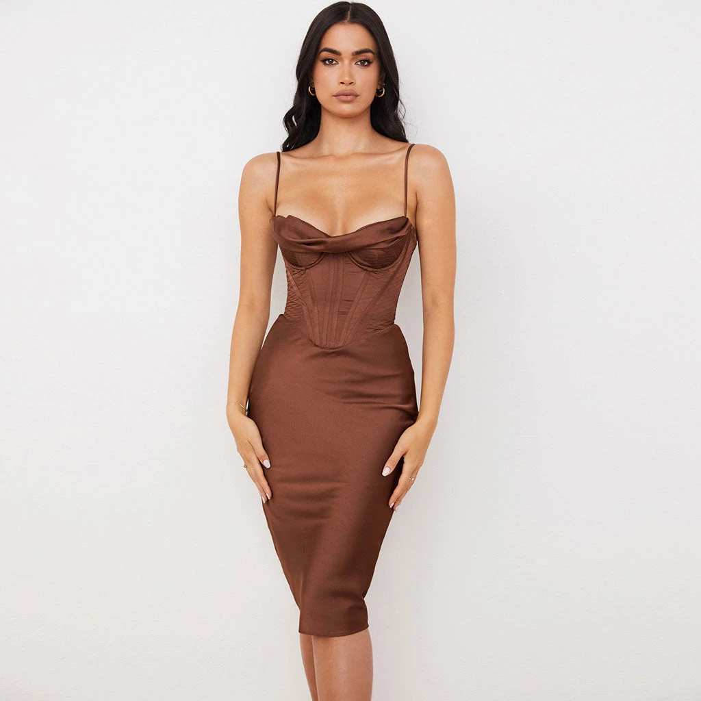 Trendy & Unique Glossy Satin Cowl Neck Underwire Bustier Corset Midi Dress - Chocolate What's New 3 Trendy & Unique Glossy Satin Cowl Neck Underwire Bustier Corset Midi Dress - Chocolate What's New