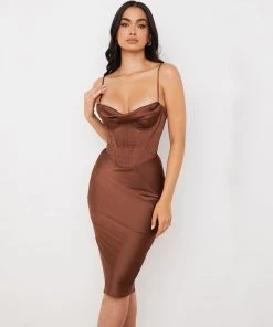 Trendy & Unique Glossy Satin Cowl Neck Underwire Bustier Corset Midi Dress - Chocolate What's New