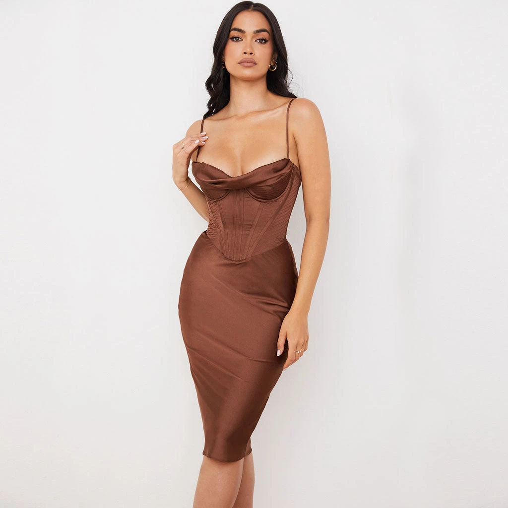 Trendy & Unique Glossy Satin Cowl Neck Underwire Bustier Corset Midi Dress - Chocolate What's New 4 Trendy & Unique Glossy Satin Cowl Neck Underwire Bustier Corset Midi Dress - Chocolate What's New