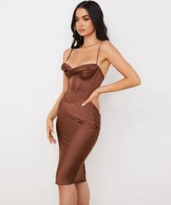 Trendy & Unique Glossy Satin Cowl Neck Underwire Bustier Corset Midi Dress - Chocolate What's New 8 Trendy & Unique Glossy Satin Cowl Neck Underwire Bustier Corset Midi Dress - Chocolate What's New