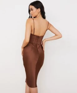 Trendy & Unique Glossy Satin Cowl Neck Underwire Bustier Corset Midi Dress - Chocolate What's New 9 Trendy & Unique Glossy Satin Cowl Neck Underwire Bustier Corset Midi Dress - Chocolate What's New