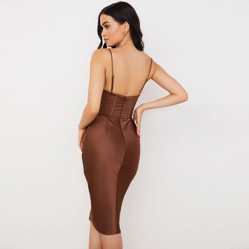 Trendy & Unique Glossy Satin Cowl Neck Underwire Bustier Corset Midi Dress - Chocolate What's New 6 Trendy & Unique Glossy Satin Cowl Neck Underwire Bustier Corset Midi Dress - Chocolate What's New