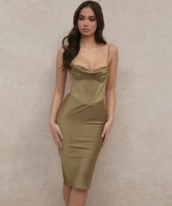 Trendy & Unique What's New Glossy Satin Cowl Neck Underwire Bustier Corset Midi Dress - Green