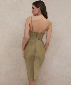 Trendy & Unique What's New Glossy Satin Cowl Neck Underwire Bustier Corset Midi Dress - Green