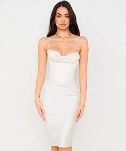 Trendy & Unique Glossy Satin Cowl Neck Underwire Bustier Corset Midi Dress - White