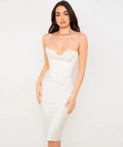 Trendy & Unique Glossy Satin Cowl Neck Underwire Bustier Corset Midi Dress - White
