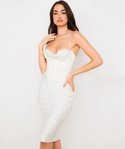 Trendy & Unique Glossy Satin Cowl Neck Underwire Bustier Corset Midi Dress - White