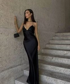 Trendy & Unique Glossy Satin Deep V Neck High Slit Backless Formal Maxi Dress - Black What's New