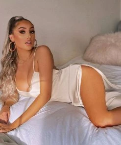 Trendy & Unique Glossy Satin Deep V Neck High Slit Backless Formal Maxi Dress - Champagne