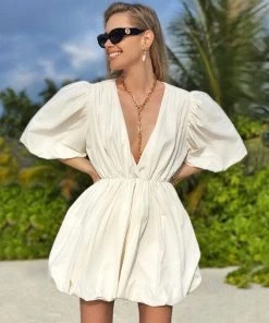 Trendy & Unique Cute Cotton Blend Deep V Neck Puff Sleeve Skater Mini Dress - White