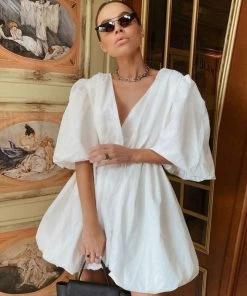Trendy & Unique Cute Cotton Blend Deep V Neck Puff Sleeve Skater Mini Dress - White